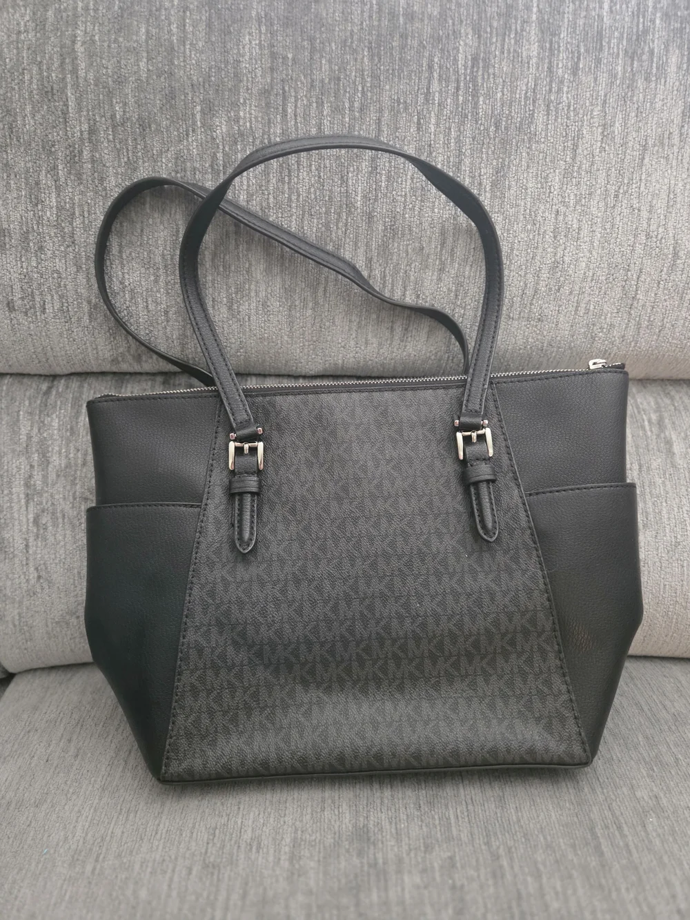 Michael Kors Black MK Monogram Tote with Silver Charm